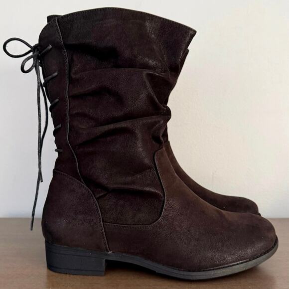 NEW Women’s Sz 9 XW Black Calf Boots – Low Heel Inside Zip Slouchy Lace-Up Backs - Picture 6 of 14